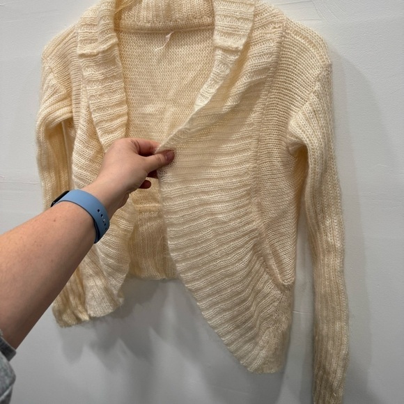 Free People Mohair Ruffle Trim Open Front Crop Cardigan Sweater Ivory Soft - Picture 8 of 8